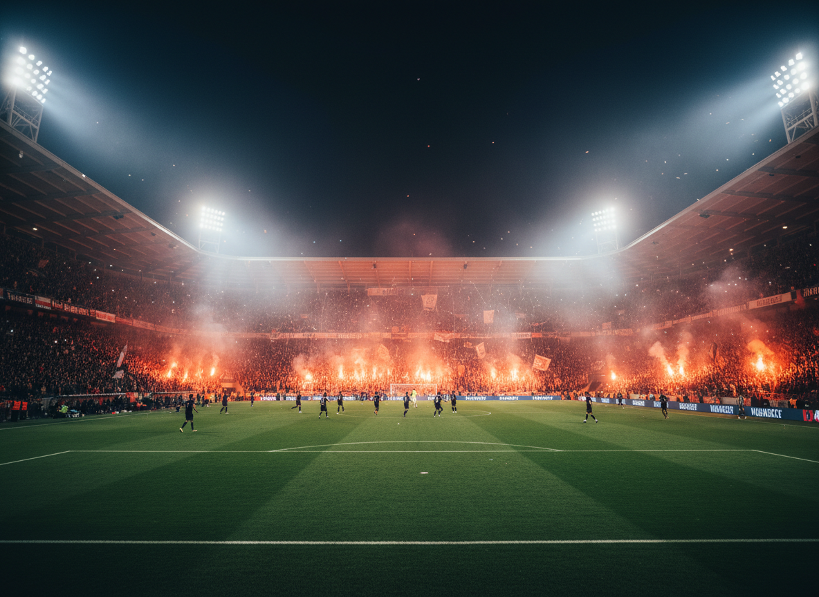 Projektörlerle aydınlatılan futbol stadyumu; temsili görsel